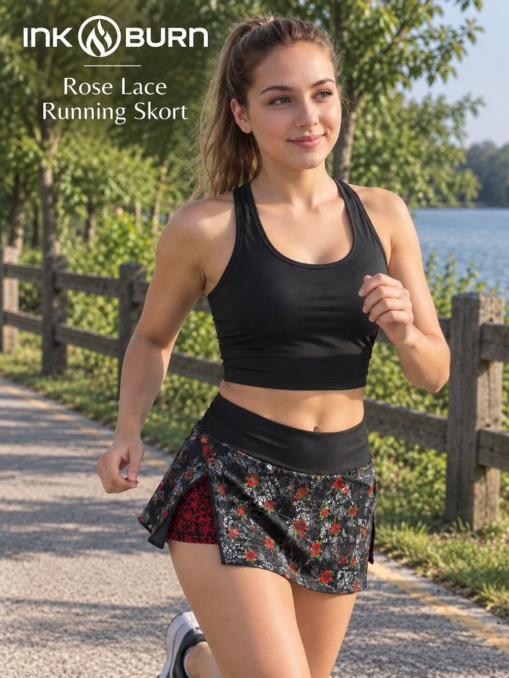 INKnBURN Skort S Black Red Rose Lace Running Athletic Skirt Shorts Goth Floral